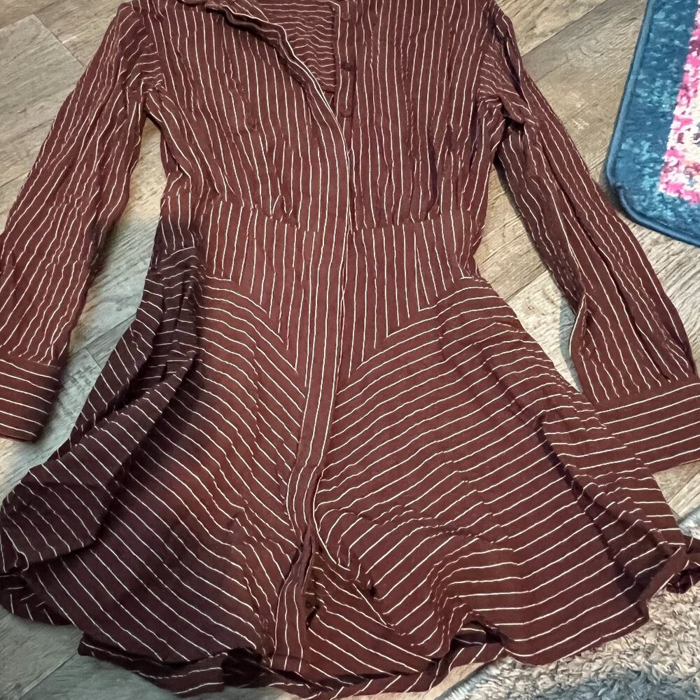 WHITNEY MINI DRESS - LINEN LOOK LONG SLEEVE SHIRT DRESS IN CHOCOLATE PINSTRIPE 2 - Picture 9 of 16